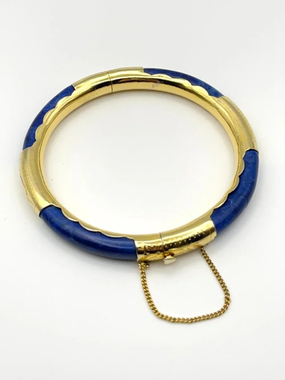 Vintage Blue Stone Gold Tone Hinged Bangle Bracelet